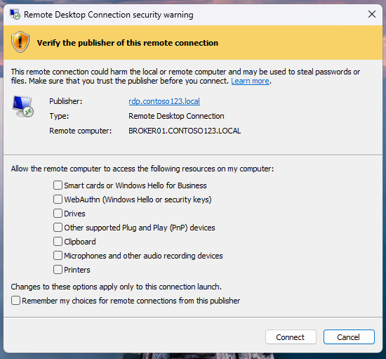 Signed RDP file security dialog showing a specific publisher name and 'Verify the publisher of this remote connection' banner