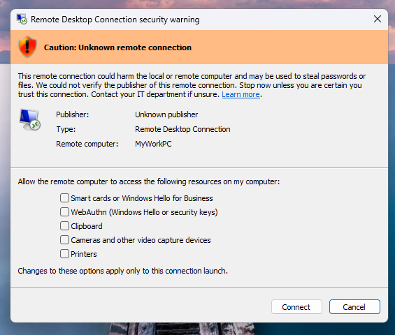 Orange warning banner reading 'Caution: Unknown remote connection' with Publisher field showing 'Unknown publisher'