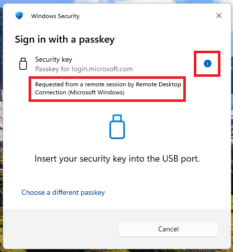 Windows authentication prompt showing 'Requested from a remote session by Remote Desktop Connection (Microsoft Windows)' label